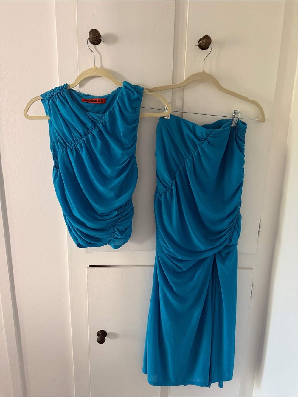 SIMON MILLER Turquoise Blue Ruched Two-Piece Dress Set
